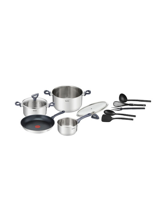Tefal Daily Cook Σετ Μαγειρικά Σκεύη από Ανοξείδωτο Ατσάλι Ασημί με Αντικολλητική Επίστρωση 11τμχ